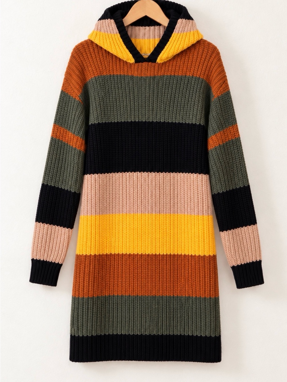 Striped Hooded Long Knit Sweater Dress - Yellow/Black/Green